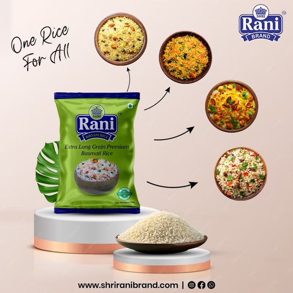 A high-clarity product shot of Basmati rice surrounded by four different prepared meal variations linked by thin arrows, emphasizing versatility.