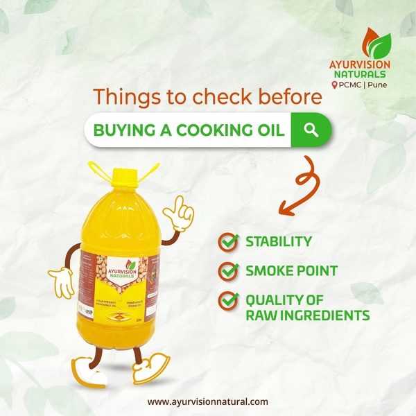 A 1:1 ratio graphic that uses a search bar hook and a checklist to educate consumers on key quality indicators for cold-pressed groundnut oil.
