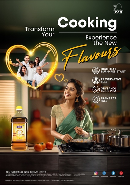This vertical 3:4 ad for cooking oil uses a warm, family-oriented visual and clear bullet-point health benefits to position the brand as a healthy kitchen essential.