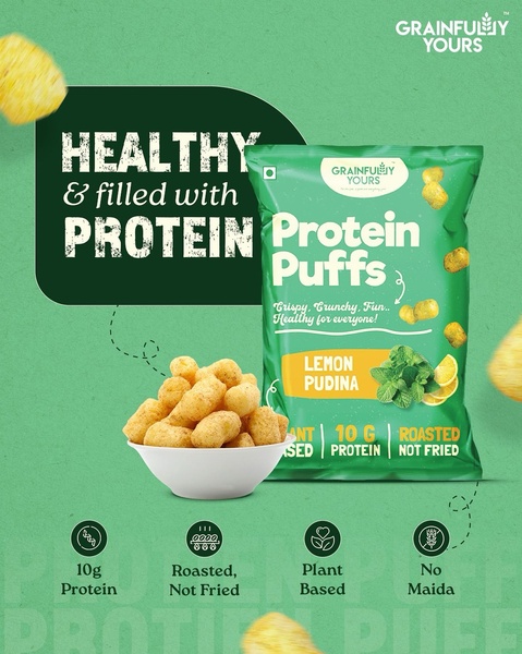 A clean, benefit-driven product shot of Protein Puffs that highlights key nutritional claims like protein content and preparation method.