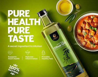 A clean, lifestyle-focused advertisement for extra virgin olive oil that combines appetite-inducing food photography with clear, benefit-driven bullet points.