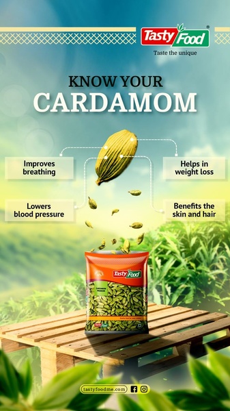 An educational ad creative highlighting four key health benefits of cardamom with a clean layout and product-focused imagery.