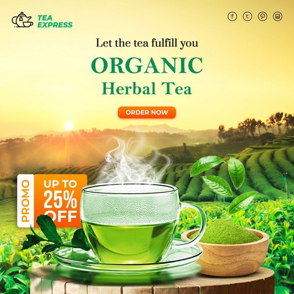 A high-clarity product shot featuring a cup of herbal tea set against a vibrant, sunrise tea field background, emphasizing natural ingredients and a promotional discount.