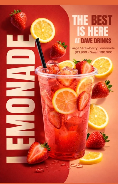 A high-quality product hero shot featuring a large plastic cup of strawberry lemonade surrounded by flying strawberries and lemon slices on a split-tone orange and red background.