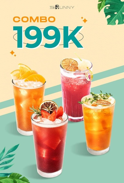 A vibrant 2:3 vertical creative showcasing four different refreshing drinks with seasonal fruits against a soft, bright background to promote a fixed-price combo.