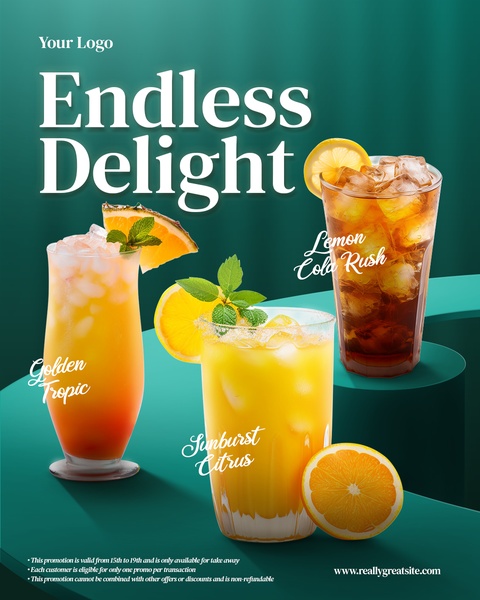A high-quality 4:5 vertical ad featuring three distinct iced beverage variations with fruit garnishes against a professional teal studio background.