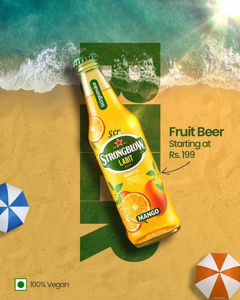 A vibrant fruit beer bottle is centered against a sandy beach backdrop, emphasizing a refreshing summer vibe and price-point incentive.