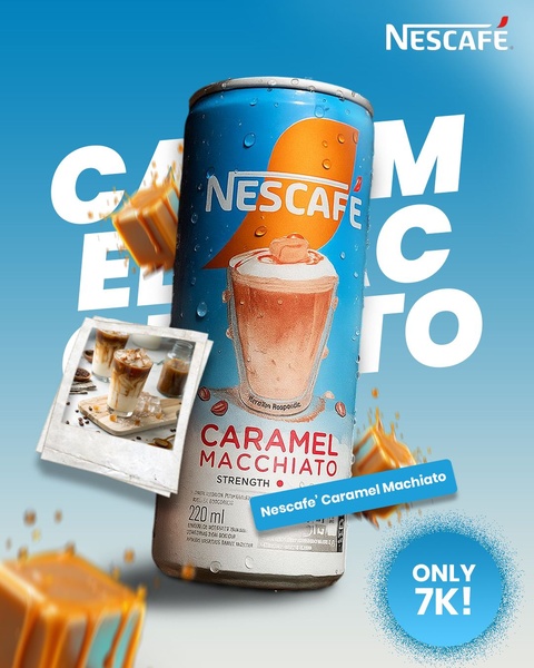 A vibrant 4:5 vertical ad featuring a product hero shot of a Caramel Macchiato can surrounded by liquid caramel and an in-situ product polaroid.