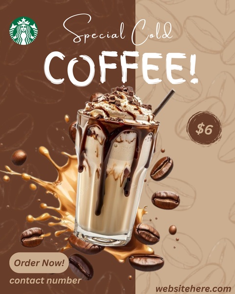 A visually dynamic promotional graphic featuring a specialty cold coffee drink surrounded by coffee beans and an energetic liquid splash.