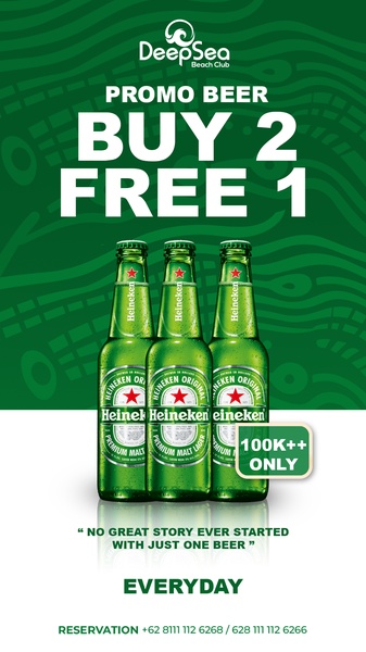 A high-visibility promotional creative featuring three bottles of premium beer with a bold Buy 2 Free 1 offer overlay.