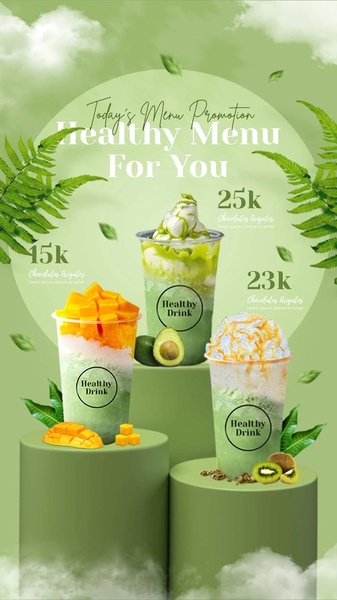 A high-quality menu promotion featuring three distinct healthy drink variations displayed on minimalist podiums with fresh foliage and airy clouds.