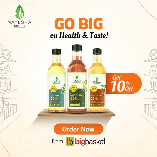 A clean 1:1 square advertisement for wood pressed edible oils that emphasizes a 10% discount and direct platform availability.