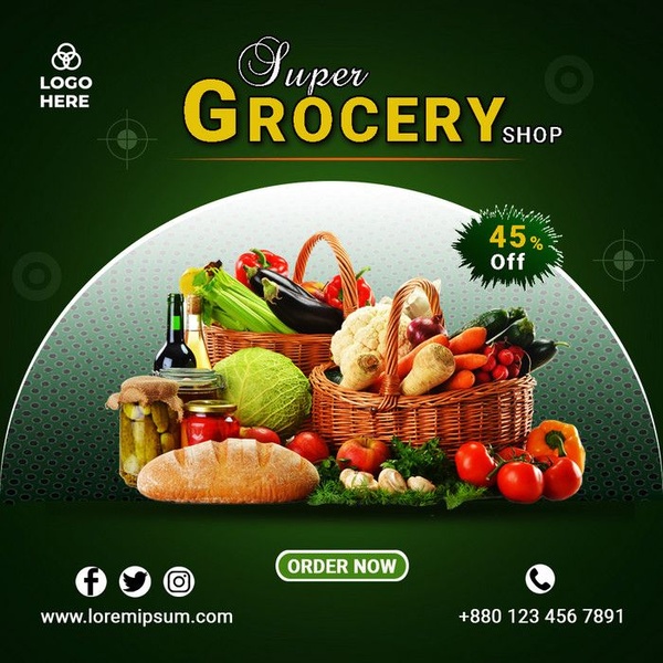 A 1:1 square promotional graphic for a grocery store featuring baskets of fresh produce and a bold 45% off discount announcement.
