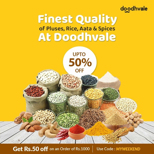 A high-contrast advertisement for various pantry staples using a bold yellow background and a clear percentage-off incentive.