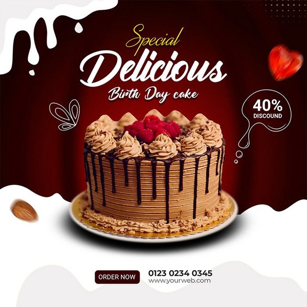 birthday cake, chocolate cake, dessert, frosted cake, bakery cake, discount offer, lifestyle, energetic, playful, brown, red, neutral