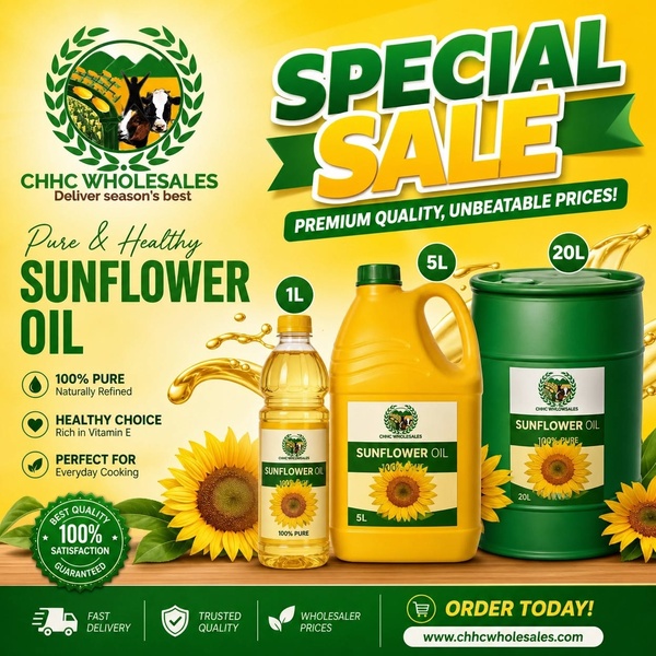 A high-conversion 1:1 format ad showcasing three sizes of sunflower oil with clear promotional copy and trust signals.