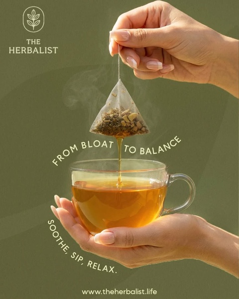 A close-up, high-quality shot of a herbal tea bag being dipped into a transparent cup, focusing on the sensory relief and wellness benefits of the product.