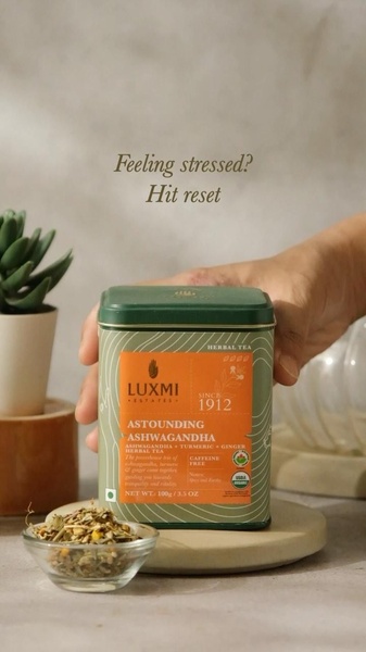 A clean, minimalist product shot of herbal tea focused on relaxation and stress relief.