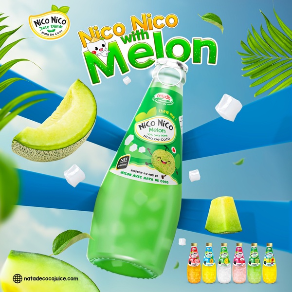 A vibrant, tropical-themed product hero shot featuring a melon juice bottle surrounded by floating fruit slices and ice cubes against a clear blue sky background.