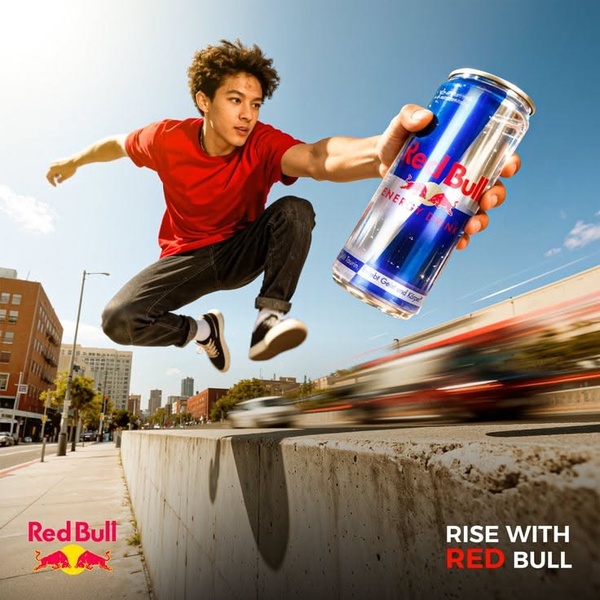 A high-action photograph showing a person performing a parkour jump while holding a can of energy drink, emphasizing a sense of motion and vitality.