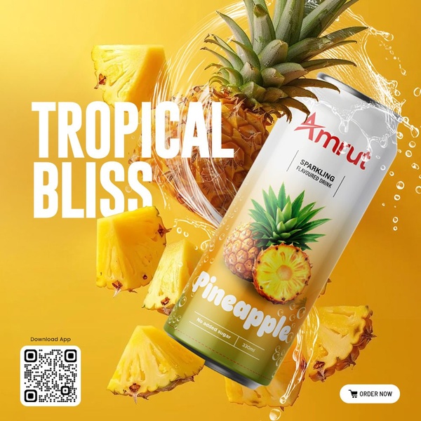 A high-quality 1:1 product advertisement featuring a pineapple sparkling drink surrounded by fresh pineapple slices and dynamic water splashes against a yellow backdrop.