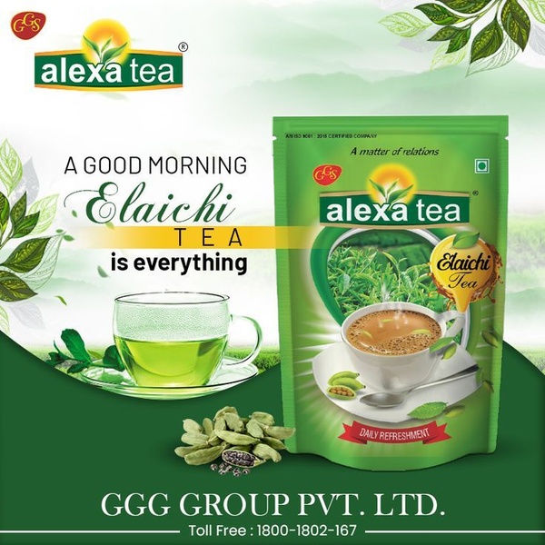 A high-quality product hero shot featuring a package of Elaichi tea alongside a freshly prepared cup of tea and raw cardamom pods.