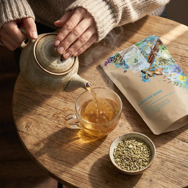 A close-up, warm-toned lifestyle shot showing someone pouring hot tea into a glass cup next to the loose leaf tea packaging and a bowl of ingredients.