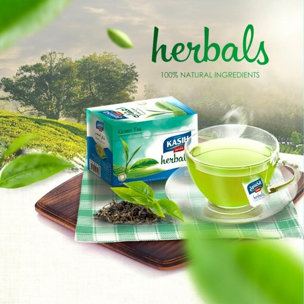 A high-quality product hero shot featuring green tea packaging, loose leaves, and a steaming cup on a wooden board, emphasizing 100% natural ingredients.