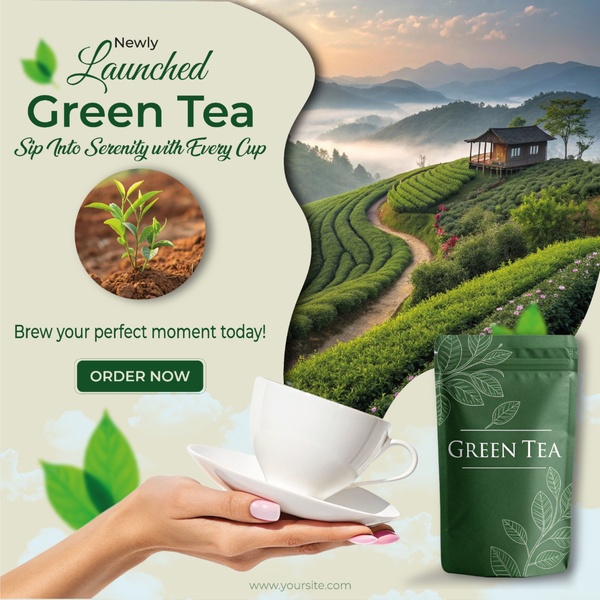 A serene beverage advertisement featuring a tranquil tea plantation background, a delicate cup of tea, and prominent branding for a new product launch.