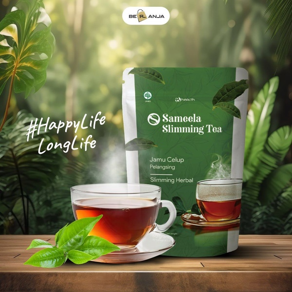 A high-quality product shot featuring slimming tea packaging, a steaming cup, and fresh tea leaves set against a natural, sun-drenched forest background.