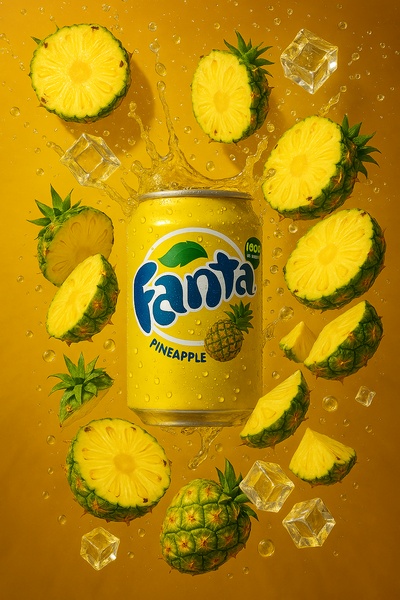 A high-energy product shot featuring a soda can surrounded by floating pineapple slices and ice cubes against a bold yellow background.