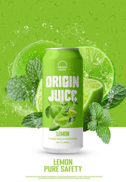A high-impact product hero shot featuring a can of lime juice surrounded by fresh limes and mint with water splashes.