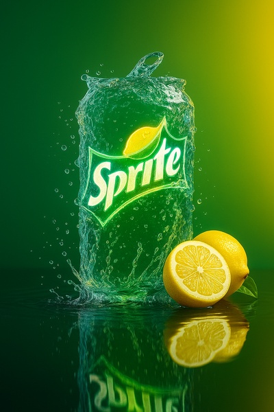 A high-fidelity product hero shot of a carbonated soda can surrounded by a liquid splash effect, accompanied by fresh lemon slices against a green-to-yellow gradient background.