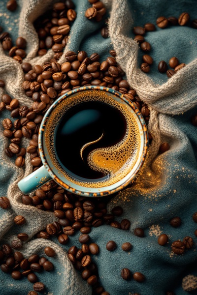 A close-up, top-down shot of a coffee cup surrounded by coffee beans on a textured, blue-grey cloth, emphasizing warmth and depth.