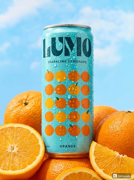 A high-definition product hero shot of a can of Lumo sparkling lemonade surrounded by fresh, sliced oranges against a clear blue sky background.