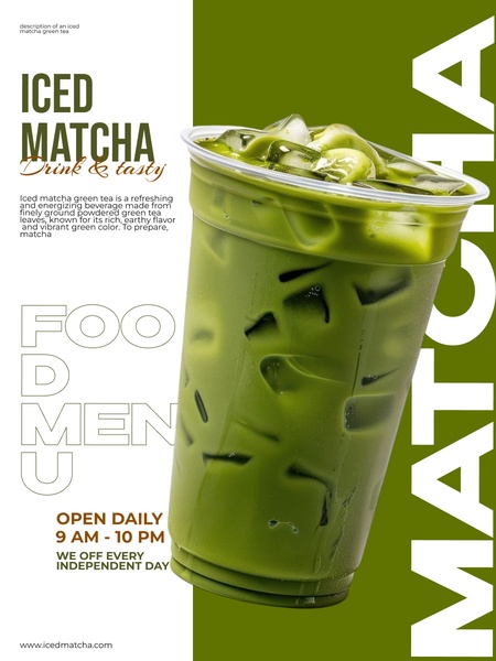 A high-quality hero shot of an iced matcha green tea in a clear plastic cup set against a clean, two-toned green backdrop.