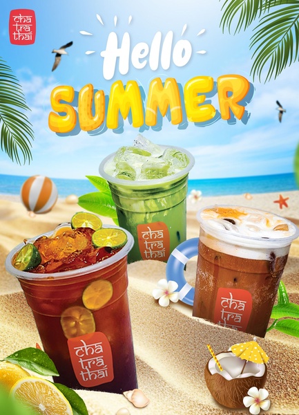A vibrant summer-themed display featuring three different iced tea beverages on a beach background with sand, tropical leaves, and accessories.