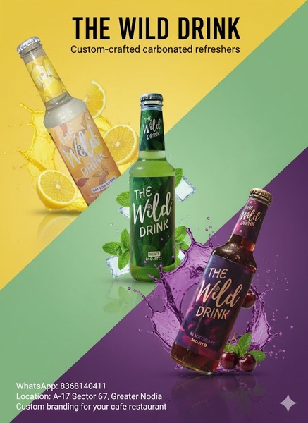 A high-conversion product hero creative featuring three distinct flavor profiles of bottled carbonated refreshers against a vibrant, tri-colored background.