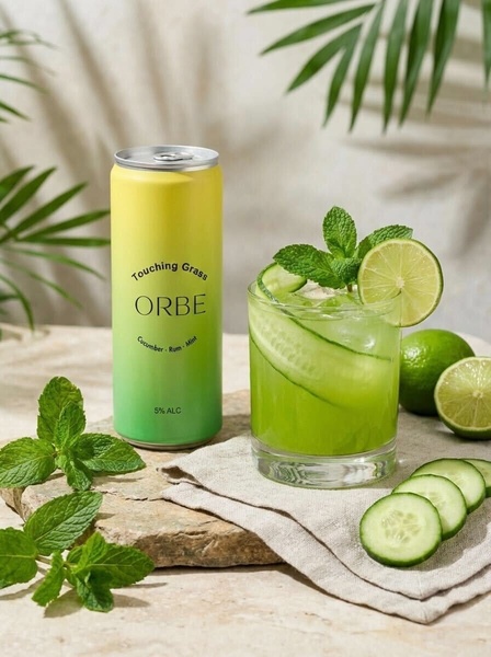 A high-end, bright, and refreshing product hero shot of a cucumber, mint, and lime rum cocktail next to its canned beverage counterpart.