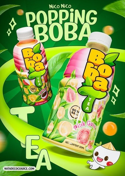 A vibrant 3:4 aspect ratio graphic showcasing two flavors of popping boba tea bottles surrounded by fresh tea leaves and a mascot.