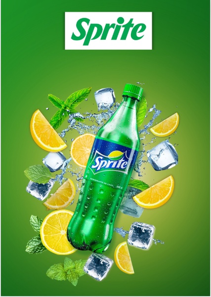 A high-energy product hero shot featuring a lemon-lime soda bottle surrounded by flying citrus slices, ice cubes, and fresh mint leaves.