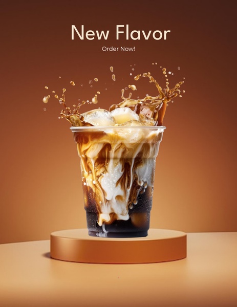 A high-impact, vertical hero shot of an iced coffee cup on a pedestal with a dramatic liquid splash, used for a new flavor launch.