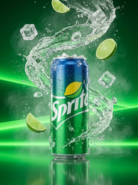 A high-impact product hero visual featuring a soda can exploding with water splashes, ice cubes, and fresh lime slices on a vibrant green gradient background.