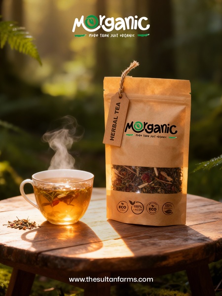 A high-quality 3:4 aspect ratio shot of herbal tea in a steaming cup next to a rustic, eco-friendly pouch in a lush forest environment.