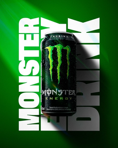 A high-impact product hero shot featuring an energy drink can centered against a vibrant green and dark background, utilizing bold typography and high-contrast lighting.