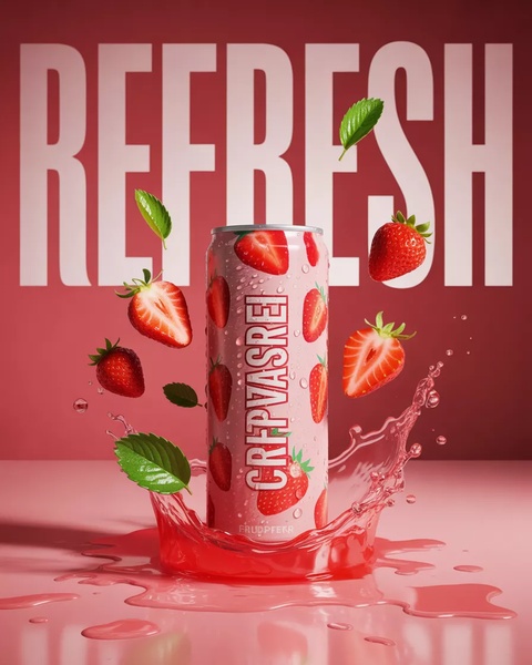 A high-impact product hero shot featuring a strawberry-infused beverage can surrounded by fresh fruit and mint leaves against a deep red background.
