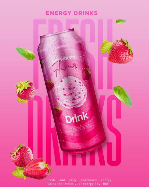 A high-energy, vibrant advertisement for a strawberry flavored energy drink featuring floating fruit and refreshing condensation.