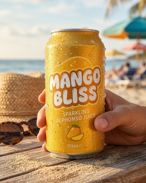 A close-up, high-definition shot of a can of sparkling mango juice held on a sunny beach, emphasizing condensation and refreshing thirst-quenching vibes.