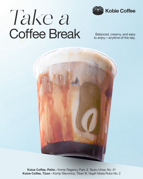 A high-contrast, clean studio shot of an iced coffee in a plastic cup, featuring a minimalist background and bold, welcoming text.