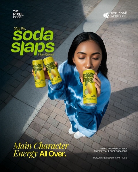A high-angle, lifestyle-focused ad creative showing a person enjoying a lemon-flavored soda, emphasizing a modern and energetic brand identity.